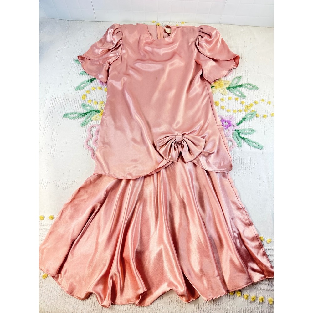 Vintage 80s Barbara Chodos Michael Marcella Pink Satin Drop Waist Bow Dress 10